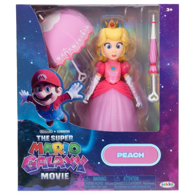 Boneca Peach do filme The Super Mario Galaxy com guarda-chuva na embalagem