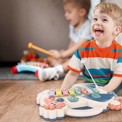 Criança a sorrir a brincar com xilofone infantil colorido em forma de peixe