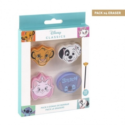 Conjunto de quatro borrachas Disney com personagens Simba, 101 Dálmatas, Marie e Stitch