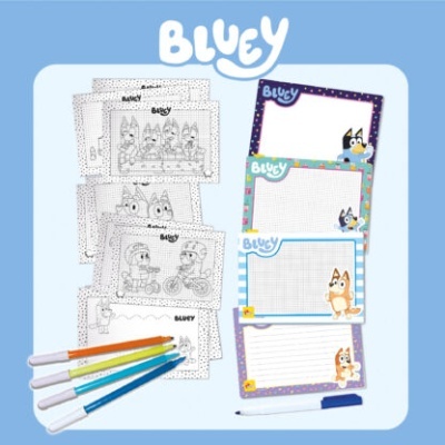 Livros para colorir e pranchetas de quadro branco com personagens Bluey e marcadores coloridos.