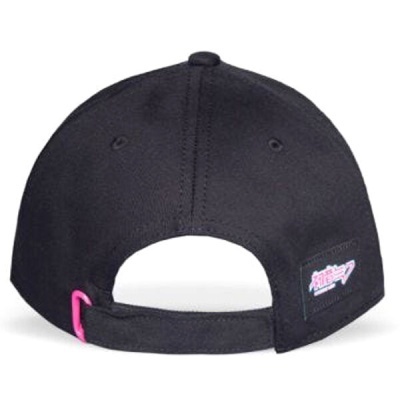 Boné preto com fecho ajustável e etiqueta rosa e branca