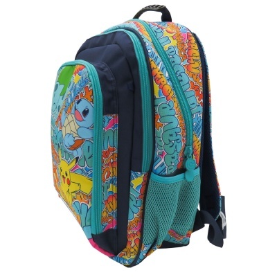 Mochila colorida com personagens de desenho animado e detalhes em azul e turquesa