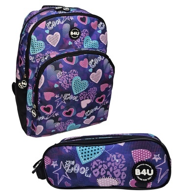 Mochila roxa com padrão de corações e estojo combinando