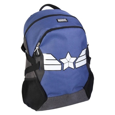 Mochila azul com detalhes cinza e preto, estampagem branca e etiqueta MARVEL