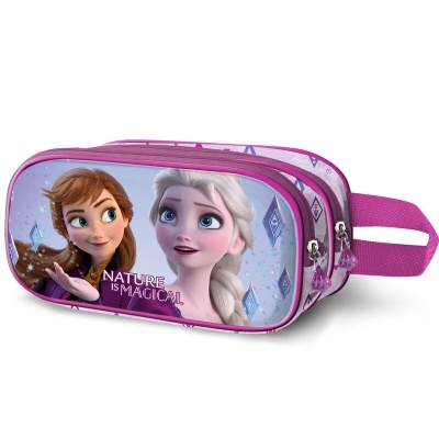 Estojo escolar cor-de-rosa com personagens de Frozen e texto NATURE IS MAGICAL