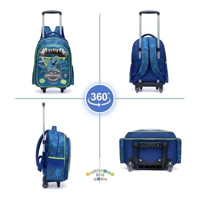 Mochila de rodas azul com padrão de dinossauros e texto DEAD DINOSAURS INSIDE