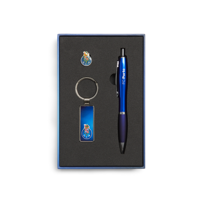 Conjunto de lembranças FC Porto com pen, porta-chaves e pin em caixa preta