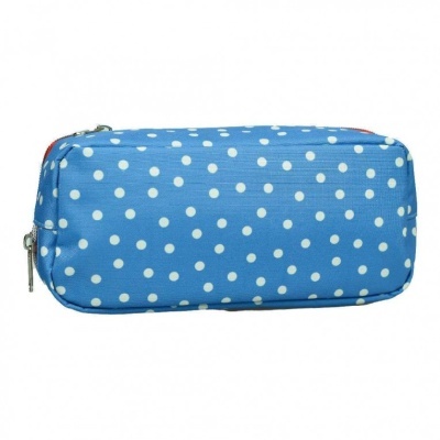 Estojo azul de bolinhas brancas com fecho metalizado