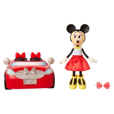 Figura de Minnie Mouse com carro vermelho e óculos vermelhos com bolinhas brancas