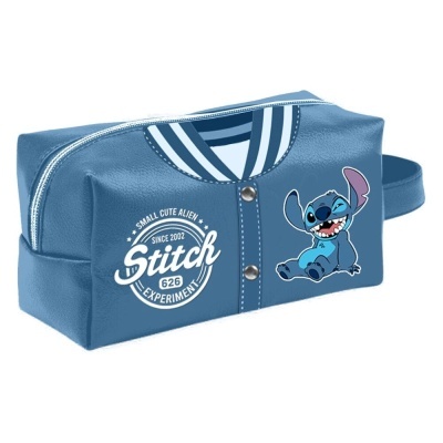 Necessaire azul com estampa do Stitch e textos brancos