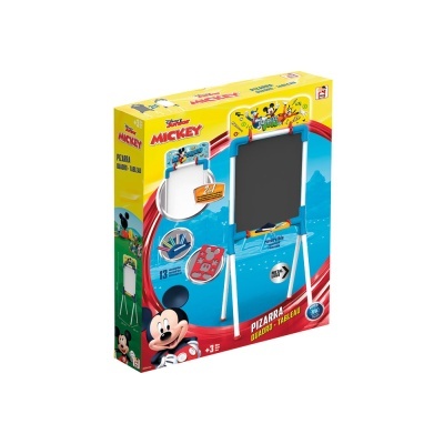 Quadro de desenho e apagamento Mickey com estrutura branca e painel preto em embalagem colorida