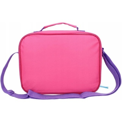 Bolsa de transporte rosa com alça roxa e fecho azul claro