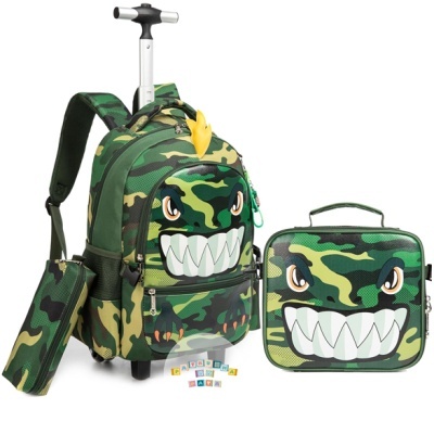 Mochila de rodinhas e lancheira com padrão camuflado e rosto de monstro sorridente