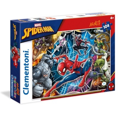 Caixa de puzzle Marvel Spider-Man de 104 peças com personagem Spider-Man e vilões.