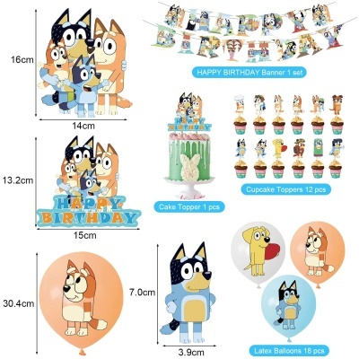 Decoração festa Bluey com topo de bolo, balões, topos para cupcakes e faixa Happy Birthday colorida