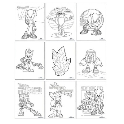 Desenhos a preto e branco para colorir com personagens do jogo Sonic e textos variados