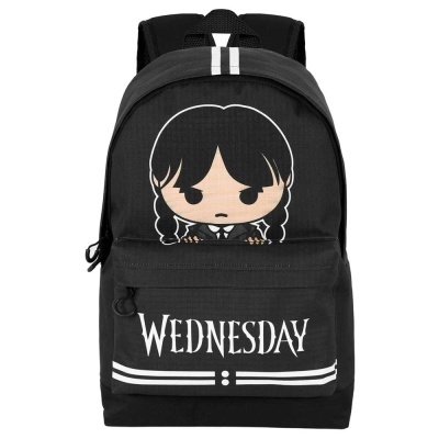 Mochila preta com ilustração e texto WEDNESDAY