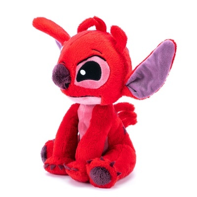 Ursinho de peluche vermelho com orelhas roxas sentado