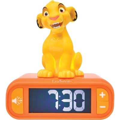 Despertador digital laranja com figura do Simba em cima
