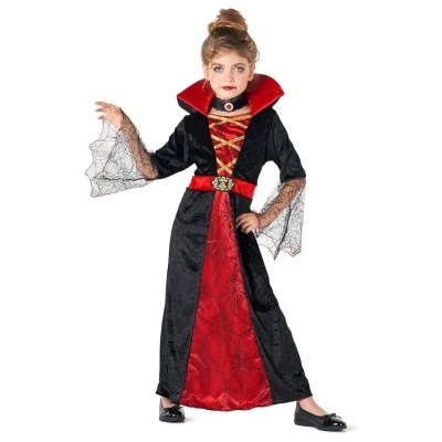 Vestido de Halloween vermelho e preto com padrão de teia de aranha e gola alta vermelha