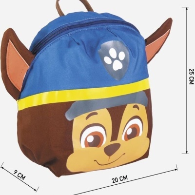 Mochila infantil azul e castanha com rosto de cachorro e orelhas tridimensionais