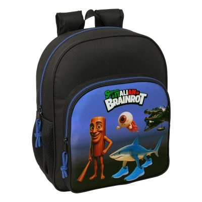 Mochila preta com bolso frontal azul e personagens animados Italian Brainrot