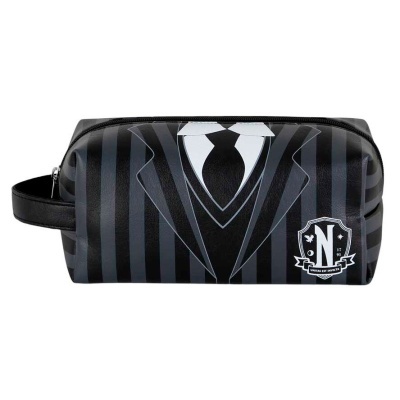 Estojo retangular preto com riscas cinza padrão de fato e gravata.