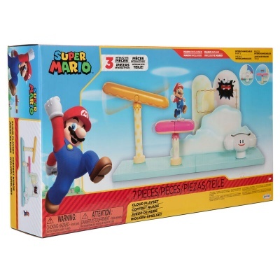 Brinquedo Super Mario com figuras e elementos coloridos em caixa azul e amarela