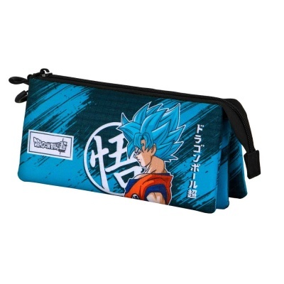 Estojo escolar Dragon Ball com personagem e texto em azul e laranja