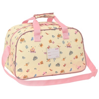 Mala de viagem com padrão infantil e alças cor de rosa