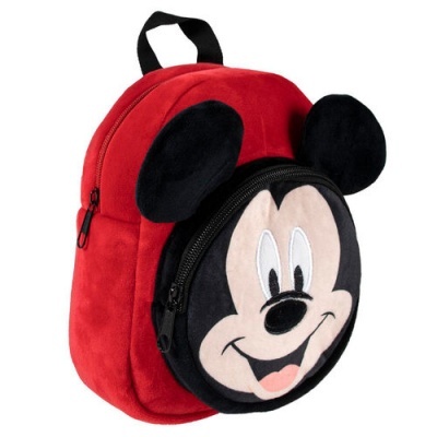 Mochila infantil vermelha com rosto do Mickey Mouse e orelhas pretas