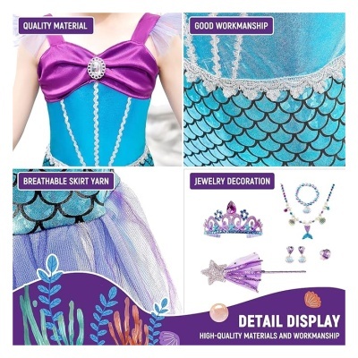 Vestido infantil azul e roxo com padrão de escamas e acessórios decorativos