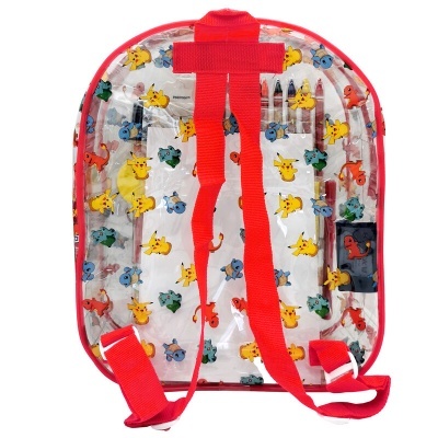 Mochila transparente com personagens de Pokémon e detalhes vermelhos