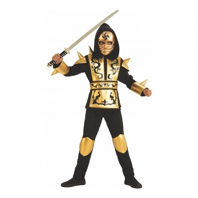 Fato infantil ninja ou guerreiro preto e dourado com espada