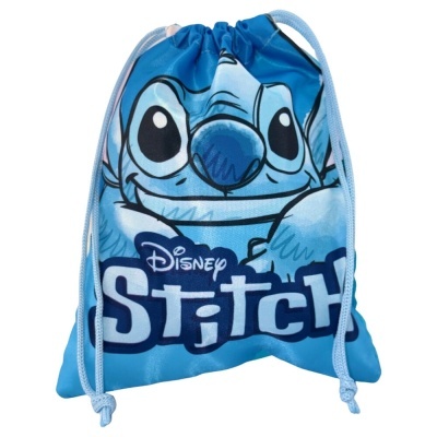 Saco azul claro com estampa do Stitch da Disney e texto