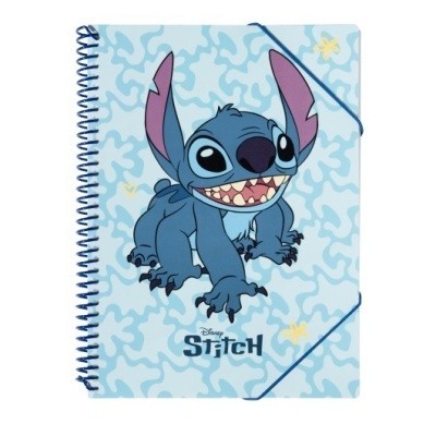 Caderno azul claro com personagem Stitch da Disney na capa e elástico azul de fecho