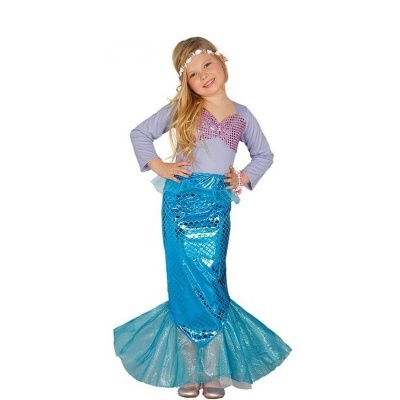 Fantasia de sereia para criança, com parte superior lilás e saia azul metálica com cauda