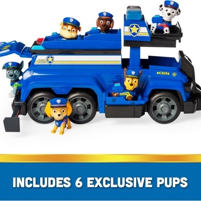 brinquedo de veículo azul com figuras de cães e texto INCLUDE 6 EXCLUSIVE PUPS