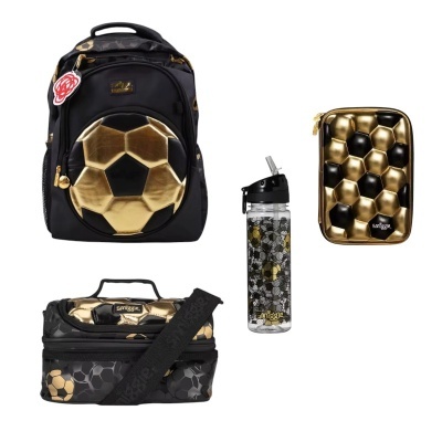 Conjunto escolar preto e dourado com padrão de bola de futebol hexagonal