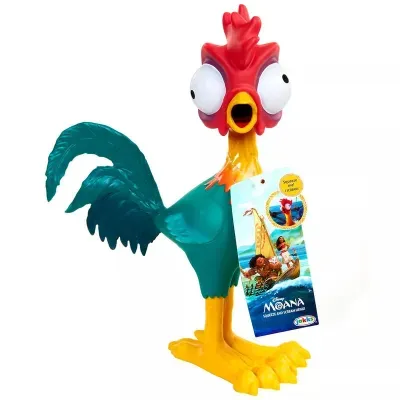Brinquedo plástico do Galo Hei Hei do filme Moana com etiqueta com texto