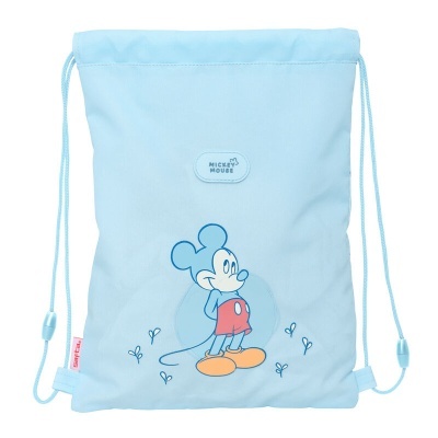Mochila saco azul claro com estampa do Mickey Mouse e cordões ajustáveis