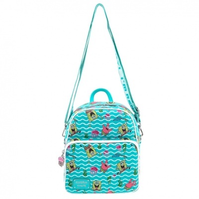 Mala pequena azul turquesa com padrão de personagens amarelos e rosas