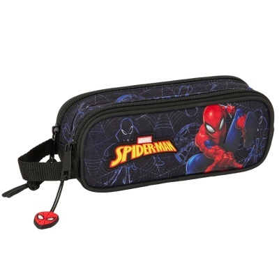 Estojo escolar Spider-Man preto com estampa e zíper com puxador do rosto do Spider-Man