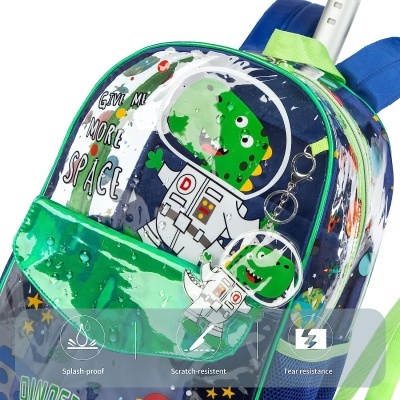Mochila infantil de plástico com dinossauros astronautas e texto 'GIVE ME MORE SPACE'