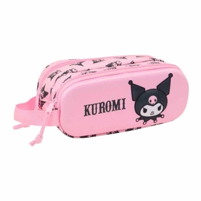 Estojo escolar rosa com padrão Kuromi preto e nome KUROMI na frente.