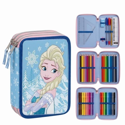 Estojo escolar fechado com estampa da Elsa e aberto mostrando material escolar colorido