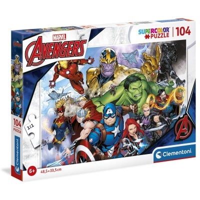 Caixa de puzzle Marvel Avengers com 104 peças e várias personagens coloridas