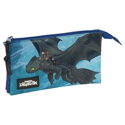 Estojo escolar azul com ilustração do dragão e personagem de How to Train Your Dragon