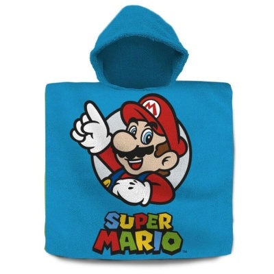 Poncho azul com capuz e estampa do Super Mario