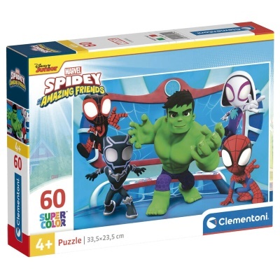 Caixa de puzzle Marvel Spidey Amazing Friends com 60 peças e personagens coloridos em estilo cartoon